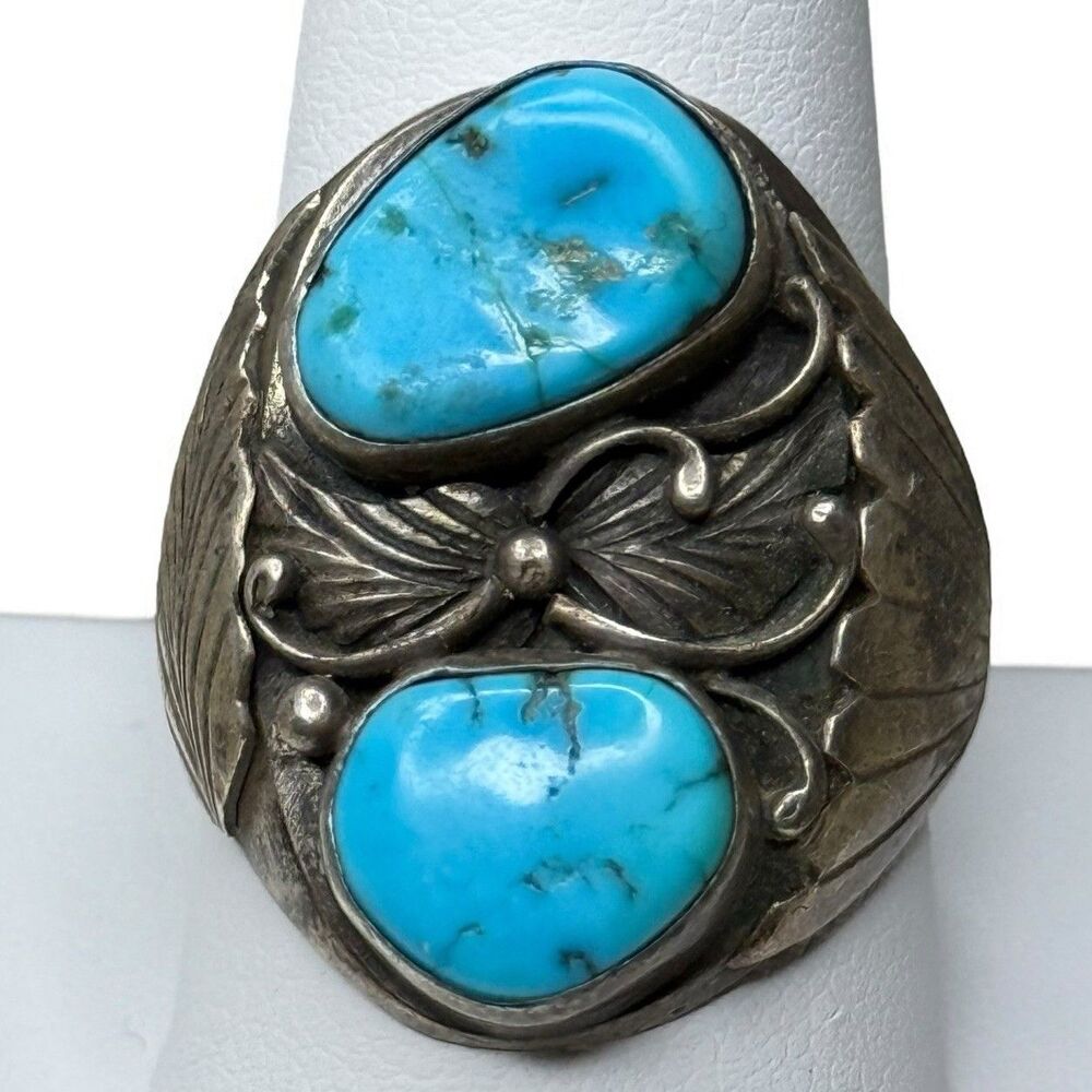 Vintage Native Thomas J Double Turquoise Men’s Size 10 3/4 Sterling Ring